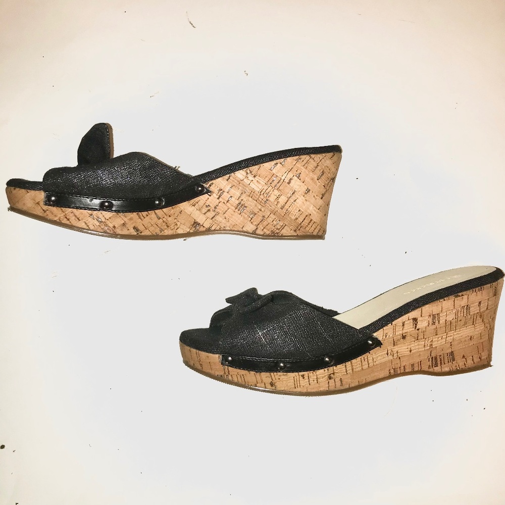 Restricted Black Silver Fleck Cork Wedge Sandals Slides Bow Studded Size 10